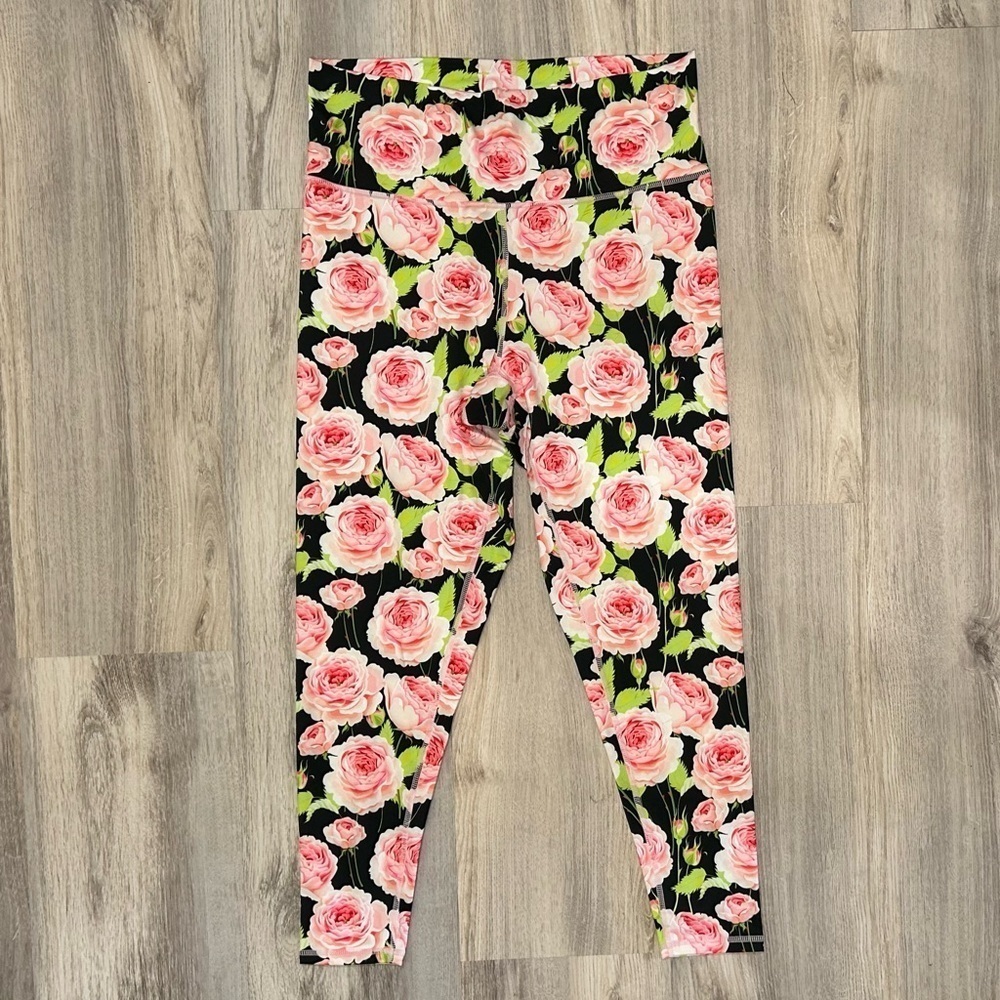NWOT Terez Athletic TLC Leggings Pants Activewear Black Rose Floral Size 1X